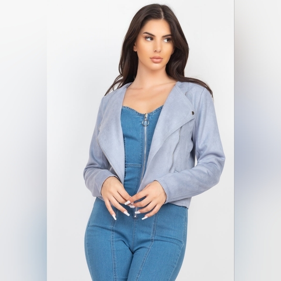 Cropped Moto Suede Jacket - Dust Blue - Picture 6 of 8